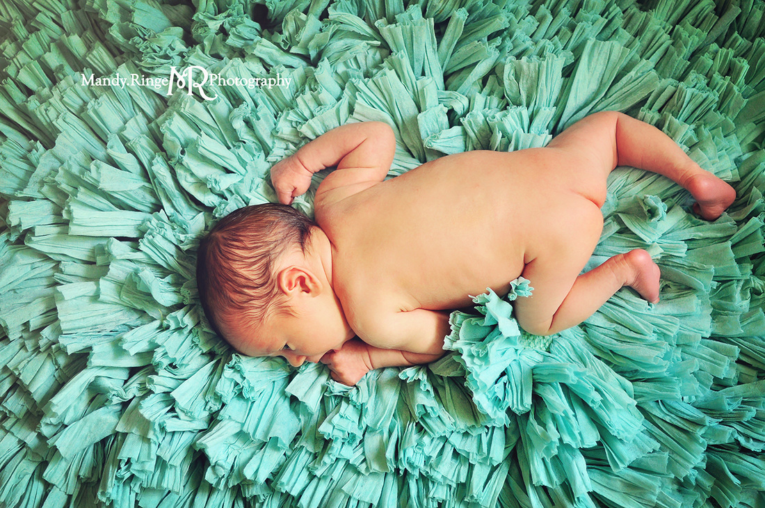Newborn portraits - first newborn shoot // Teal rag rug // by Mandy Ringe Photography