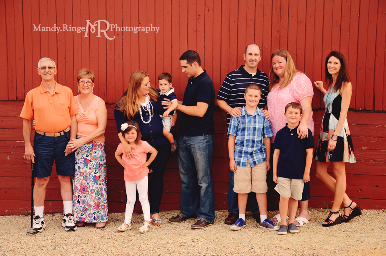 Extended family portrait session // Standing in front of a red barn  // Peck Farm Park - Geneva, IL // by Mandy Ringe Photography
