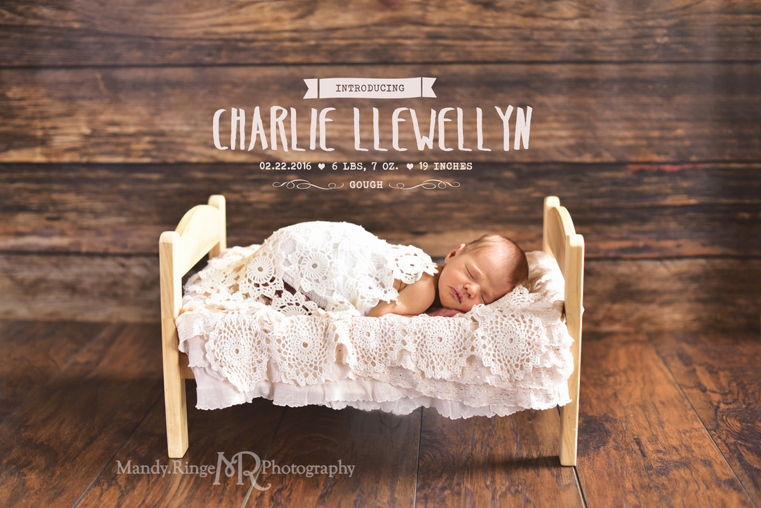 Newborn girl portraits // Dark wood backdrop, floordrop, small wooden bed, ruffle layer, vintage crochet doily layers // client's home - Geneva, IL // by Mandy Ringe Photography
