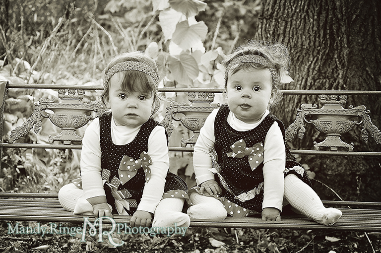 Fall portraits of 9 month old twins wearing Thanksgiving dresses // Sitting on a green metal bench in a garden // St. James Farm - Wheaton, IL // by Mandy Ringe Photography