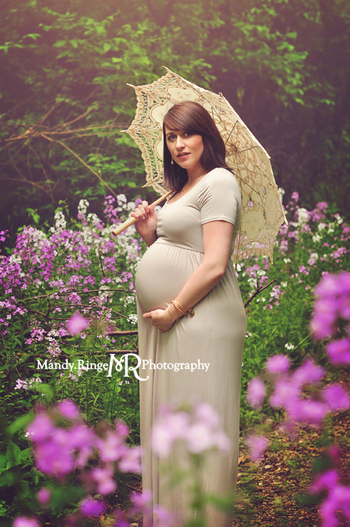 Materntiy portrait session // Vintage lace umbrella, neutral colors, purple wild flox flowers, spring flowers // Fabyan Forest Preserve - Geneva, IL // by Mandy Ringe Photography