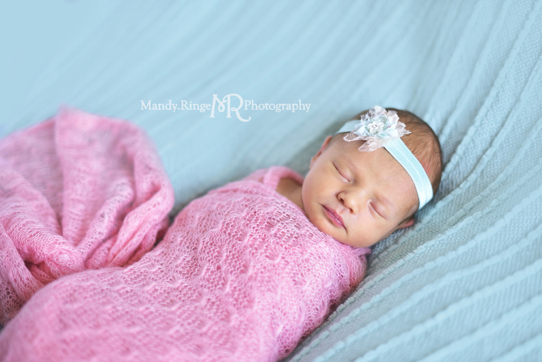 Newborn girl portraits // pink wrap, aqua, teal, mint blanket // client's home - Geneva, IL // by Mandy Ringe Photography