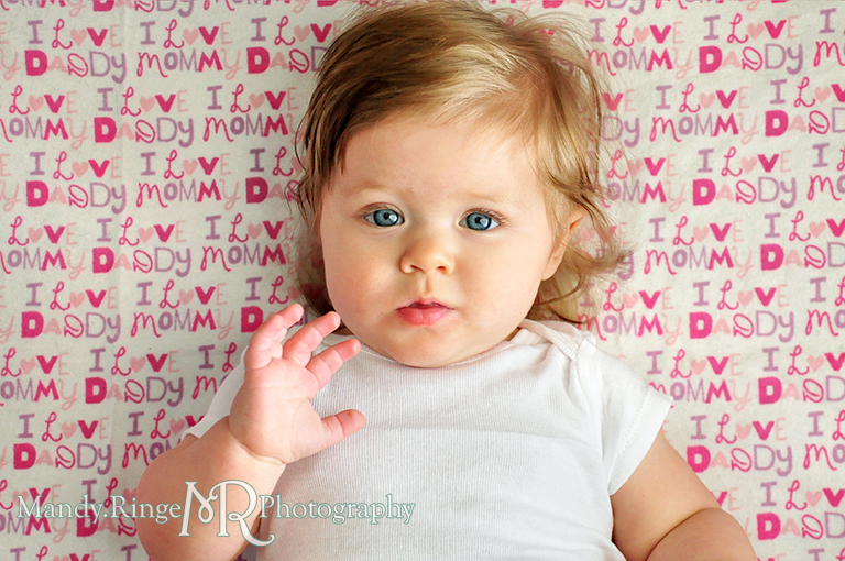 Monthly baby photos // Fabric background, white onesie // by Mandy Ringe Photography