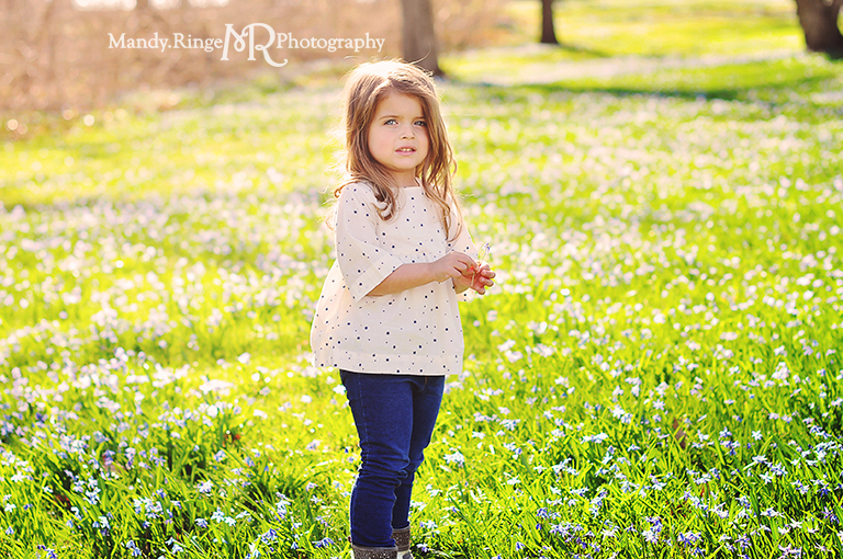 Spring portraits // 3 year old girl // blue flowers // Fabyan forest preserve - Geneva, IL // by Mandy Ringe Photography