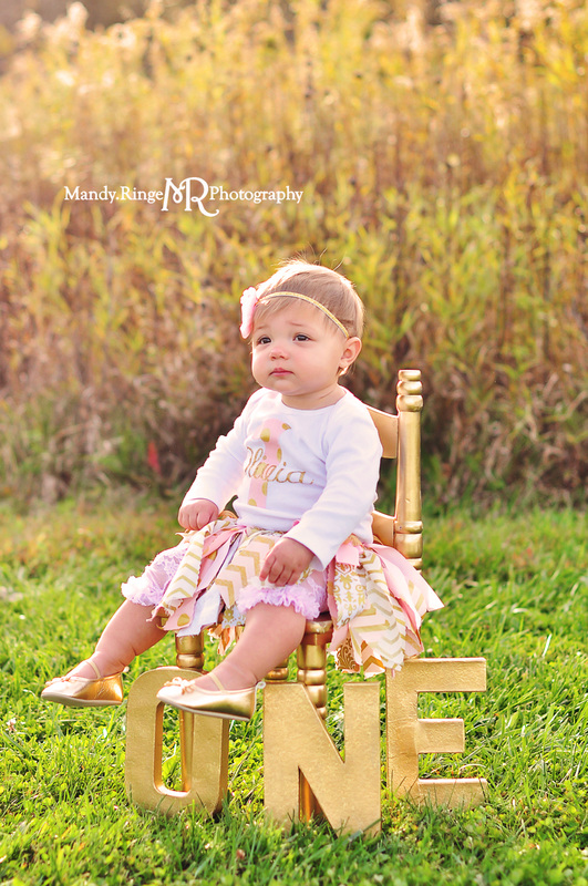 First birthday portraits // girl, pink and gold, rag skirt, gold chair, outdoors, prairie // Leroy Oakes Forest Preserve - St. Charles IL // by Mandy Ringe Photography