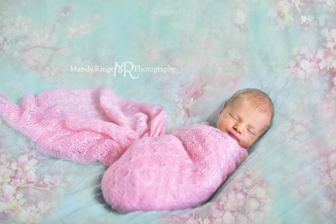 Newborn portraits // pink wrap, aqua, teal, mint blanket, flower overlay // client's home - St. Charles, IL // by Mandy Ringe Photography