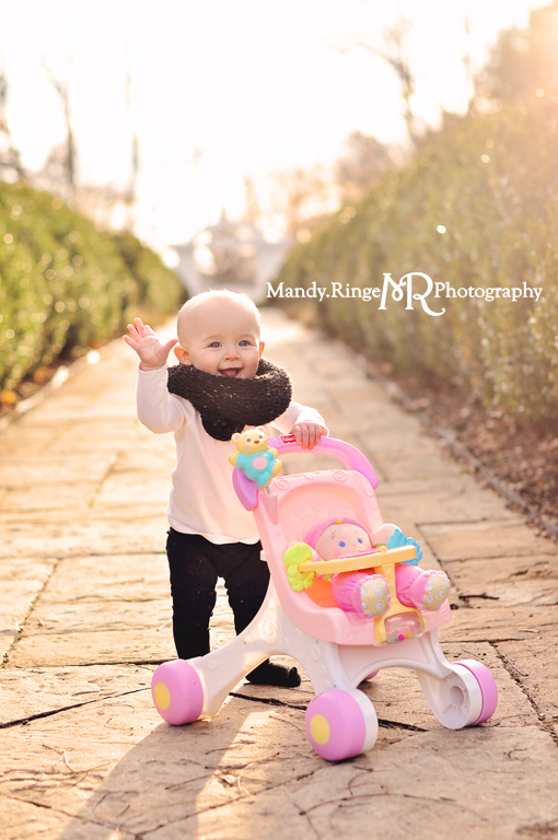 9 month milestone portraits // Outdoors, fur vest, walking toy // Hurley Gardens - Wheaton, IL // by Mandy Ringe Photography
