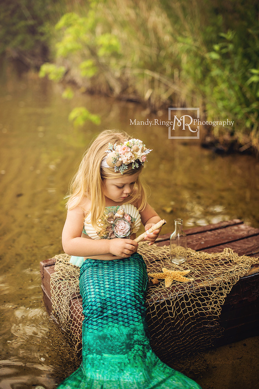 Toddler girl dressed as a mermaid // DIY handmade crown and top, antique trunk, net, starfish, shells, message in a bottle // Lake Ada, Minnesota // by Mandy Ringe Photography - St. Charles, IL Photographer