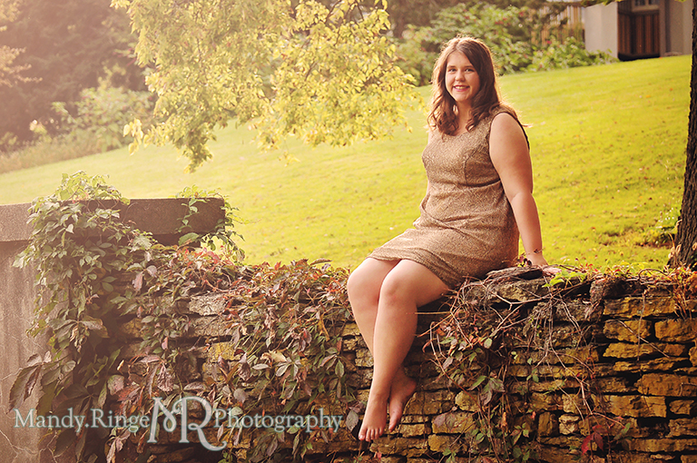 Teen girl portrait - Sweet Sixteen // Sitting barefoot on a stone wall // Fabyan Forest Preserve // by Mandy Ringe Photography