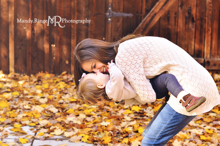 Fall family portraits // Dark brown barn door, leaves // River Trail Nature Center - Northbrook, IL // by Mandy Ringe Photography