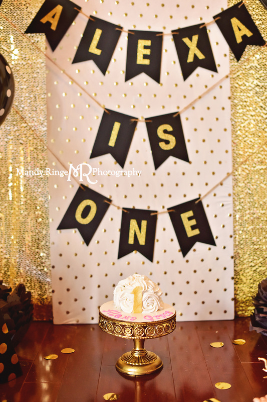 Black and gold first birthday portraits // one year old girl, smash cake, sequins, glitter, bling, glam, safari, gold animals, polka dots // St. Charles, IL // by Mandy Ringe Photography