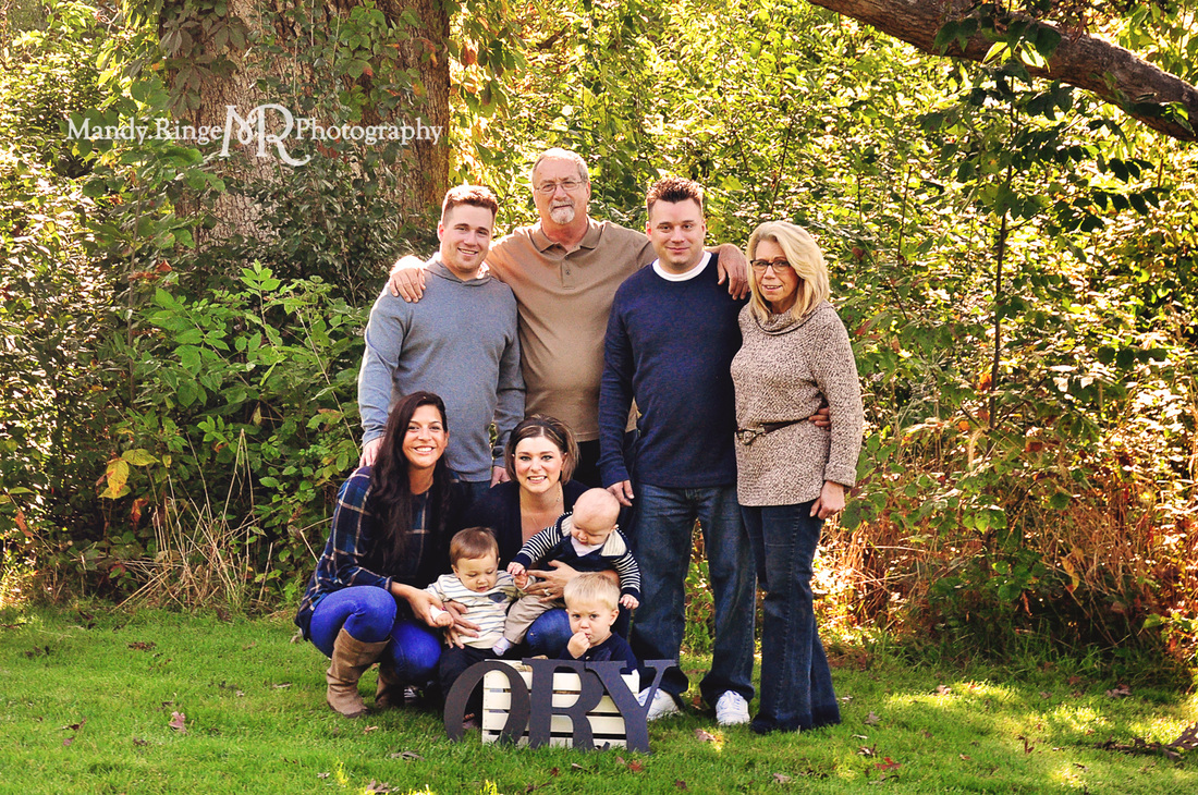 Extended family portraits // outdoors, end of summer, navy blue, tan, gray // Delnor Woods - St. Charles, IL // by Mandy Ringe Photography