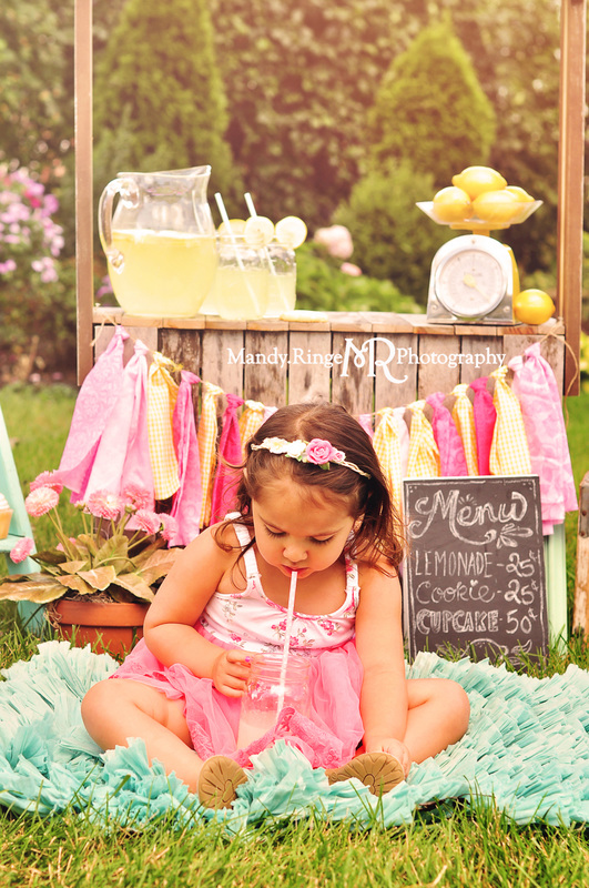 Lemonade Stand Mini Session // pink, yellow, teal, lemons, lemonade, flowers, wooden stand // St. Charles, IL // by Mandy Ringe Photography