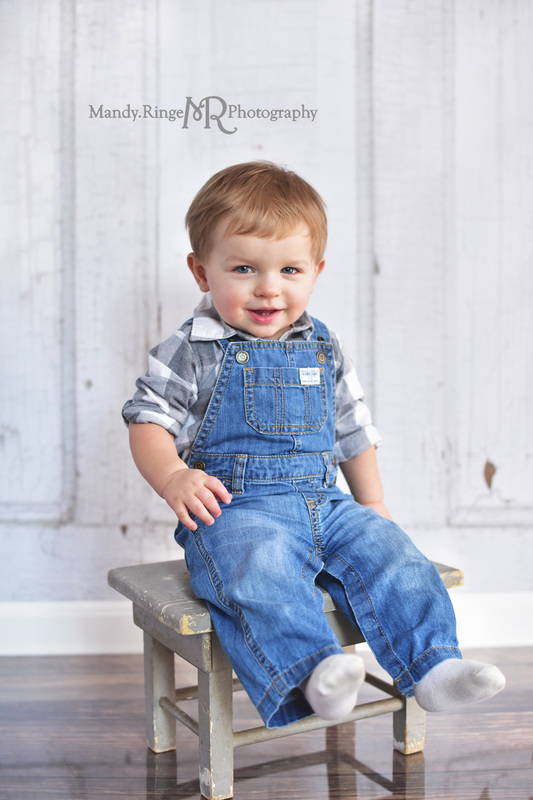 Boy's first birthday portraits // Gray, blue, overalls, shabby gray stool, vintage inspired // Traveling studio session at client's home - South Elgin, IL // by Mandy Ringe Photography
