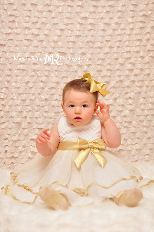 Baby girl's first birthday portraits // Blush and gold, ruffle fabric, white fur // St Charles, IL // by Mandy Ringe Photography