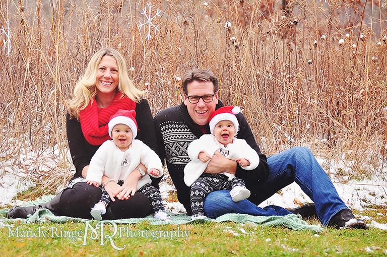 Outdoor winter family photo with twins // Prairie background, twig snowflakes, rustic setting // Ferson Creek Fen - St Charles, IL // by Mandy Ringe Photography