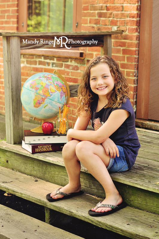 Back to School mini session // brick wall, wooden stairs, globe, school books, apple, pencils // Leroy Oakes Forest Preserve - St. Charles, IL // by Mandy Ringe Photography