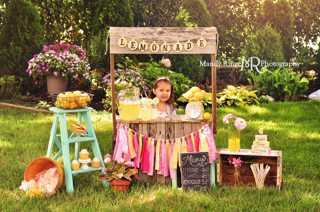 Lemonade Stand Mini Session // pink, yellow, teal, lemons, lemonade, flowers, wooden stand // St. Charles, IL // by Mandy Ringe Photography