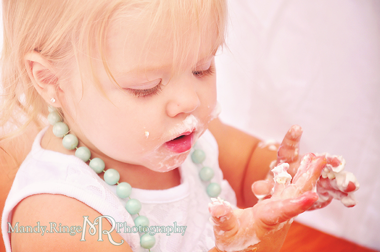 Baby girl's first birthday smash cake session. Rag garland and rag tutu // by Mandy Ringe Photography