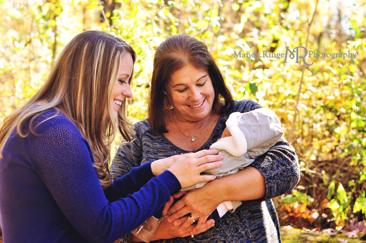 Fall extended family portraits // fall trees, leaves, sitting on a log // Delnor Woods Park - St. Charles, IL // by Mandy Ringe Photography