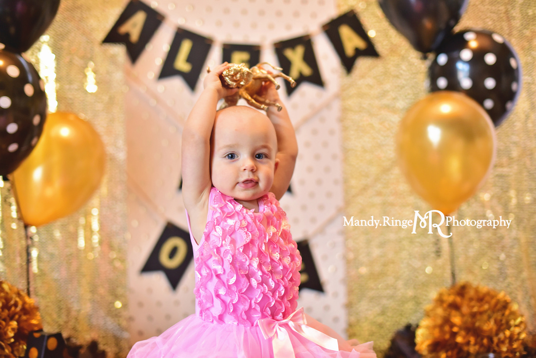 Black and gold first birthday portraits // one year old girl, smash cake, pink, sequins, glitter, bling, glam, safari, gold animals, polka dots // St. Charles, IL // by Mandy Ringe Photography