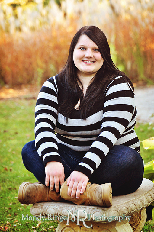 Teen girl sitting on a stone bench // Senior Photos // Fabyan Forest Preserve - Batavia, IL // by Mandy Ringe Photography