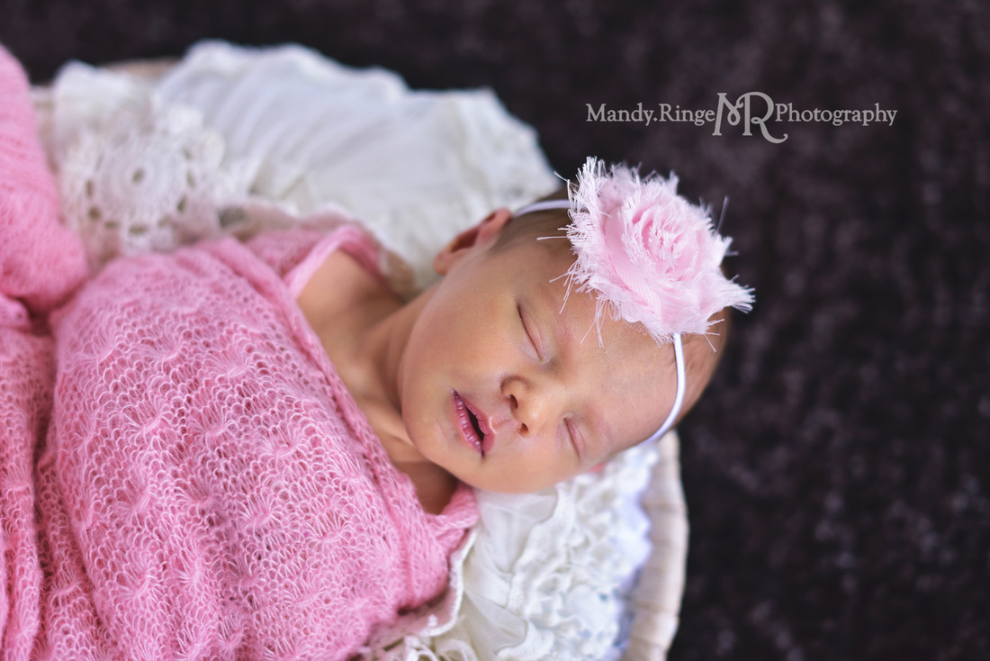 Newborn girl portraits // pink wrap, black rug, round basket, vintage lace stuffer // client's home - Geneva, IL // by Mandy Ringe Photography