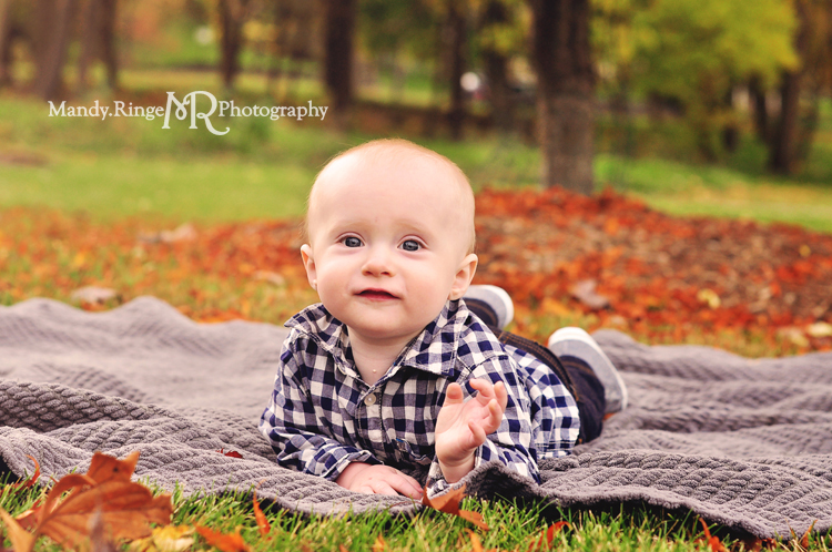 Fall family portraits // Fall foliage, leaves, gray blanket // Mount St. Mary's Park - St. Charles, IL // by Mandy Ringe Photography