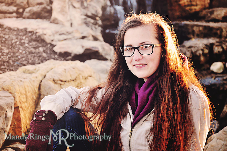 Adult woman portrait, posing in front of a small waterfall // Peck Farm Park // Geneva, IL // by Mandy Ringe Photography