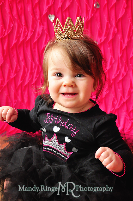 Twin girl's first birthday portraits // Pink and black, tutus, gold lace crowns, pink cowboy boots, pink ruffle backdrop, rhinestones // by Mandy Ringe Photography