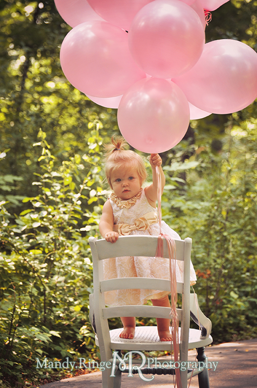 Baby girl's first birthday // White chair, pink balloons, white and gold dress // Delnor Woods - St Charles, IL // by Mandy Ringe Photography
