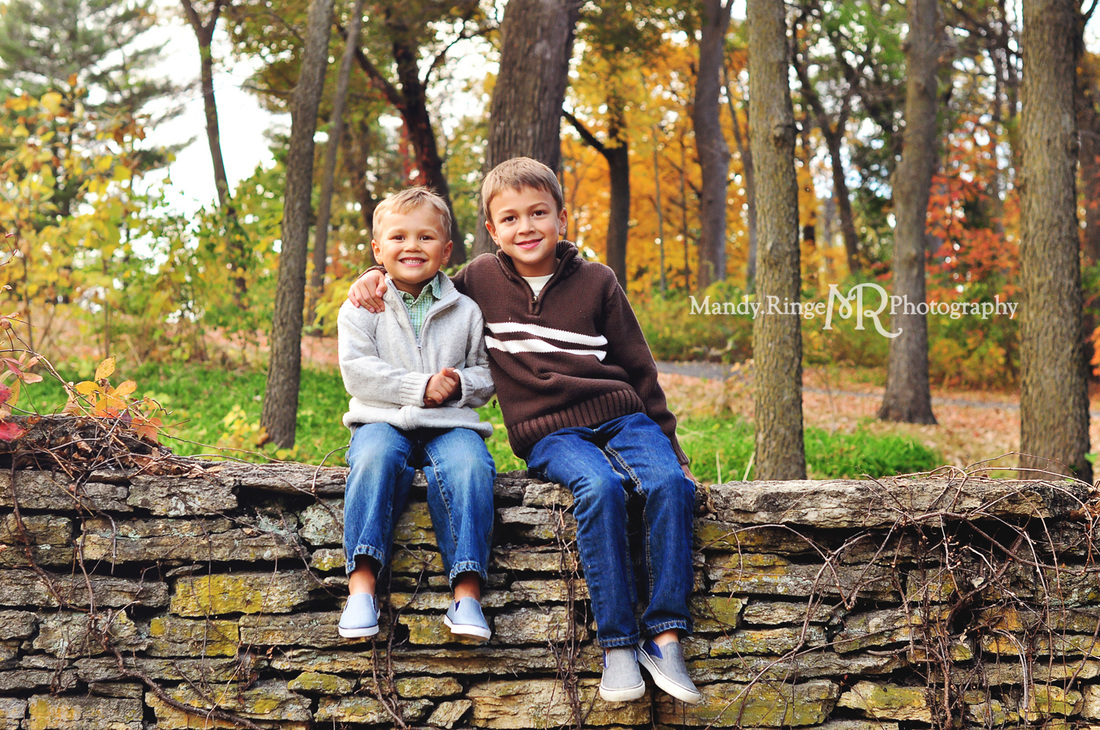 Sibling portraits // brothers, stone wall, fall foliage // Fabyan Forest Preserve - Geneva, IL // by Mandy Ringe Photography