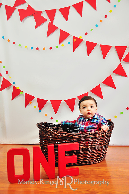 Boy's first birthday photo shoot // Sitting in a basket // Red pennant banners, multicolor dot garland, basket, ONE letters // by Mandy Ringe Photography