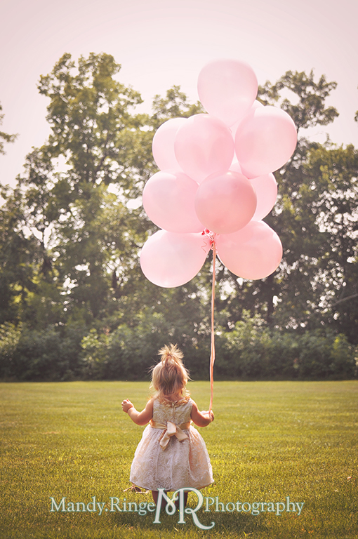 Baby girl's first birthday // Pink balloons, white and gold dress, standing out in a field // Delnor Woods - St Charles, IL // by Mandy Ringe Photography