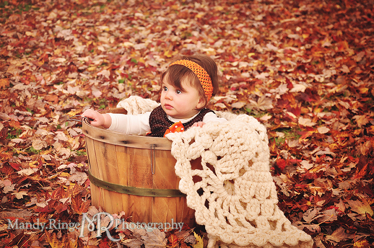 Fall portraits of 9 month old twins // Sitting in an apple basket among leaves // St. James Farm - Wheaton, IL // by Mandy Ringe Photography