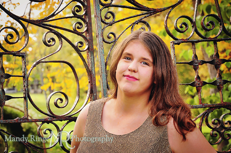 Teen girl portrait - Sweet Sixteen // Posing with an old iron gate // Fabyan Forest Preserve // by Mandy Ringe Photography