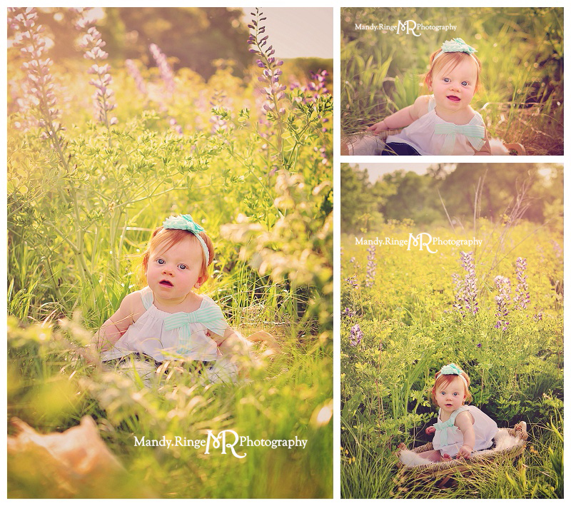 8 month old girl portraits // Wild indigo field, white and teal dress, prairie wildflowers // St. Charles, IL // by Mandy Ringe Photography