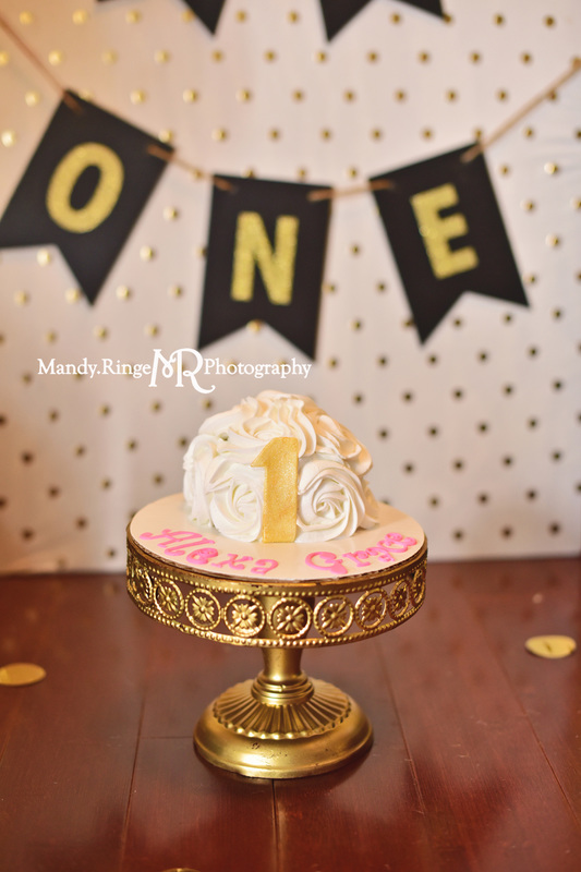 Black and gold first birthday portraits // one year old girl, smash cake, sequins, glitter, bling, glam, safari, gold animals, polka dots // St. Charles, IL // by Mandy Ringe Photography