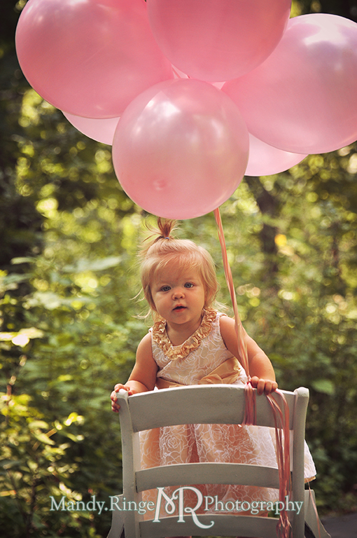 Baby girl's first birthday // White chair, pink balloons, white and gold dress // Delnor Woods - St Charles, IL // by Mandy Ringe Photography