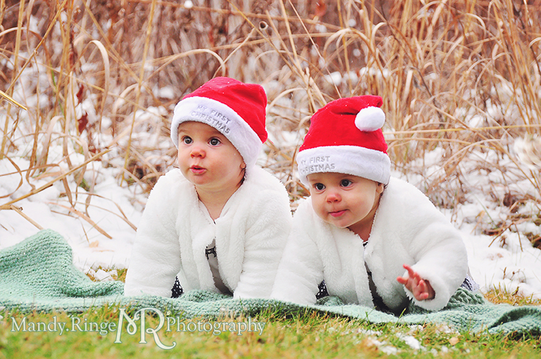 Outdoor winter family photo with twins wearing Santa hats sitting on a blanket // Prairie background, rustic setting // Ferson Creek Fen - St Charles, IL // by Mandy Ringe Photography