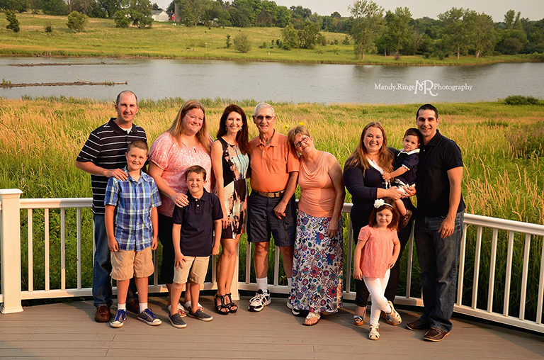 Extended family portrait session // Standing on a deck overlooking a pond // Peck Farm Park - Geneva, IL // by Mandy Ringe Photography