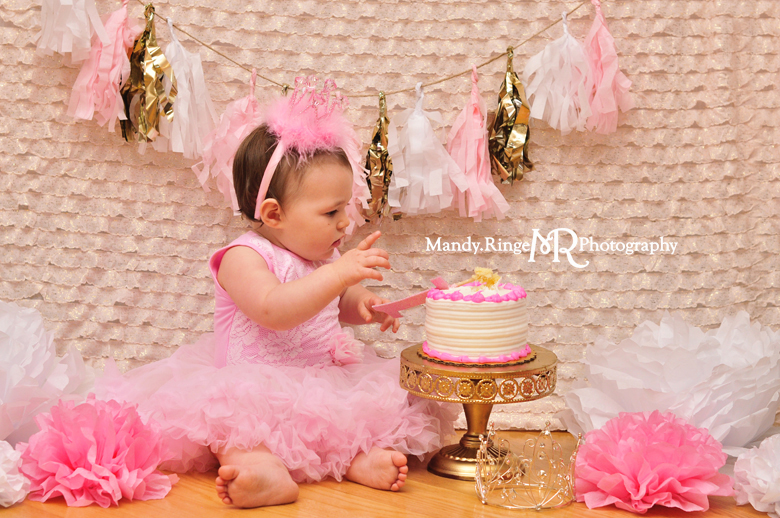 Baby girl's first birthday smash cake portraits // Blush, pink, white, and gold, ruffle fabric, tissue paper poms, tissue paper garland // St Charles, IL // by Mandy Ringe Photography