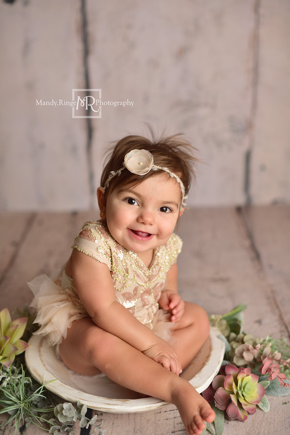 Milestone Session // Girl sitter session, 6 to 12 months, Jocelyn romper from Cora & Violet, Backdrop from Intuitions Backdrops // St. Charles, IL studio // Mandy Ringe Photography