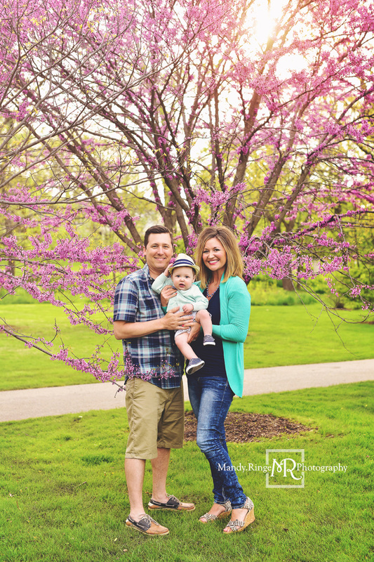 Spring family portraits // family of three, redbud tree, purple flowers, teal and navy // Mount St. Mary Park - St. Charles, IL // by Mandy Ringe Photography