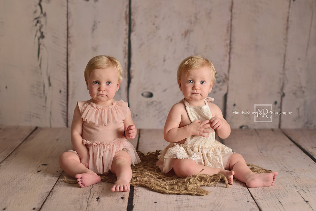 Milestone Session // Girl sitter session, 6 to 12 months, twins, left outfit from Cora & Violet, right outfti from Pup & Frank, Backdrop from Intuitions Backdrops // St. Charles, IL studio // Mandy Ringe Photography