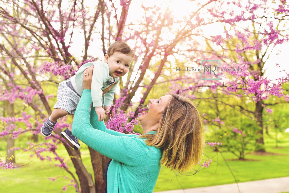 Spring family portraits // family of three, redbud tree, purple flowers, teal and navy // Mount St. Mary Park - St. Charles, IL // by Mandy Ringe Photography