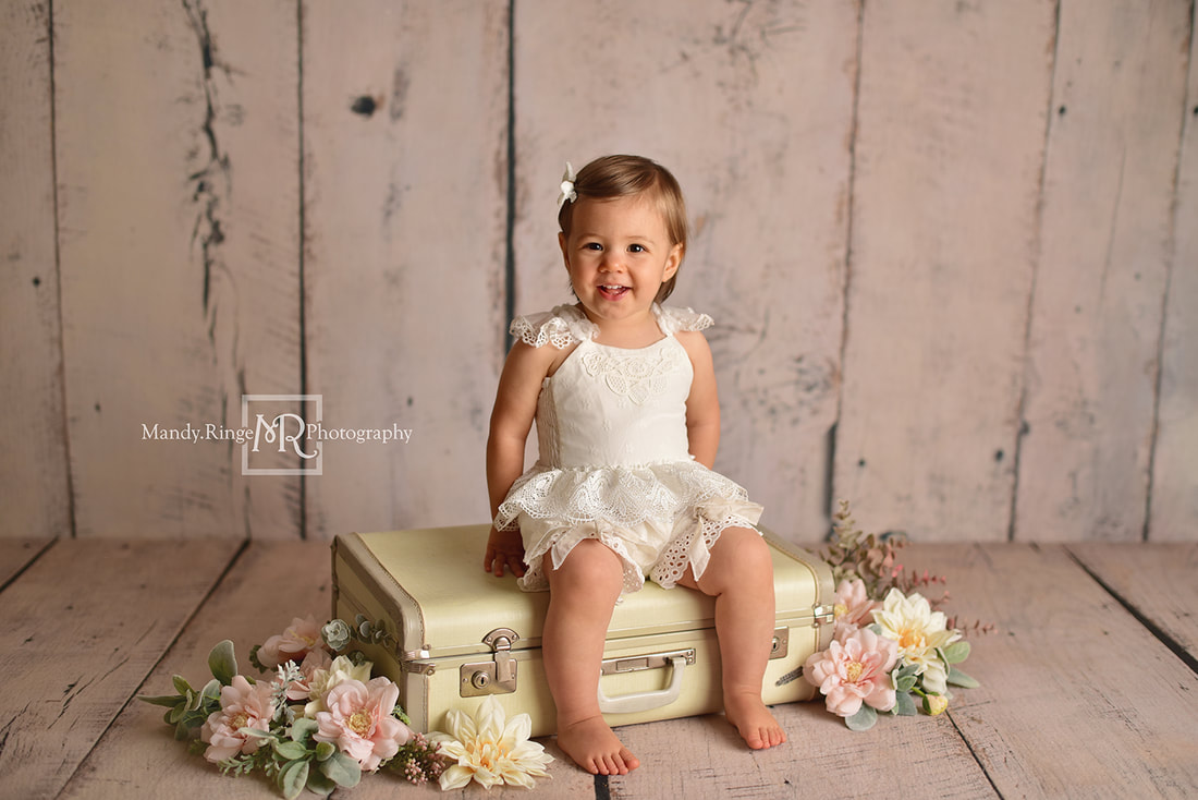 Milestone Session // Girl sitter session, 6 to 12 months, romper from Dollcake, Backdrop from Intuitions Backdrops // St. Charles, IL studio // Mandy Ringe Photography