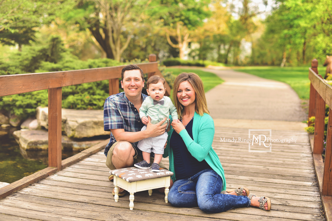Spring family portraits // family of three, bridge, teal and navy // Mount St. Mary Park - St. Charles, IL // by Mandy Ringe Photography