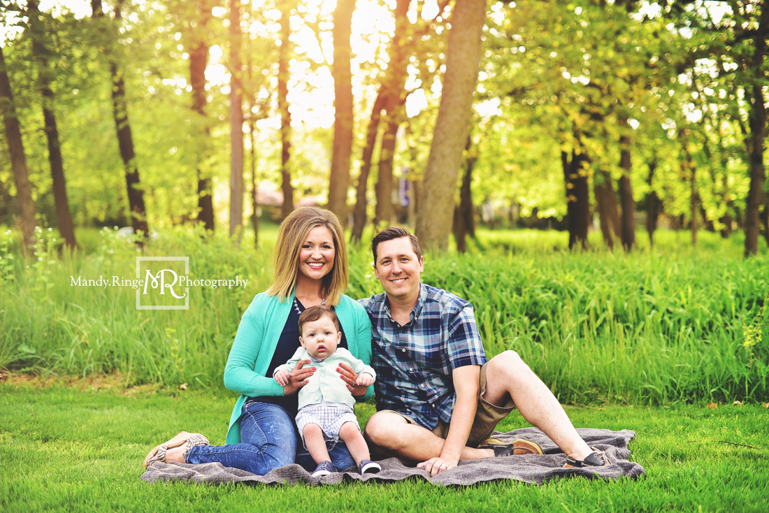 Spring family portraits // family of three, backlighting, teal and navy // Mount St. Mary Park - St. Charles, IL // by Mandy Ringe Photography