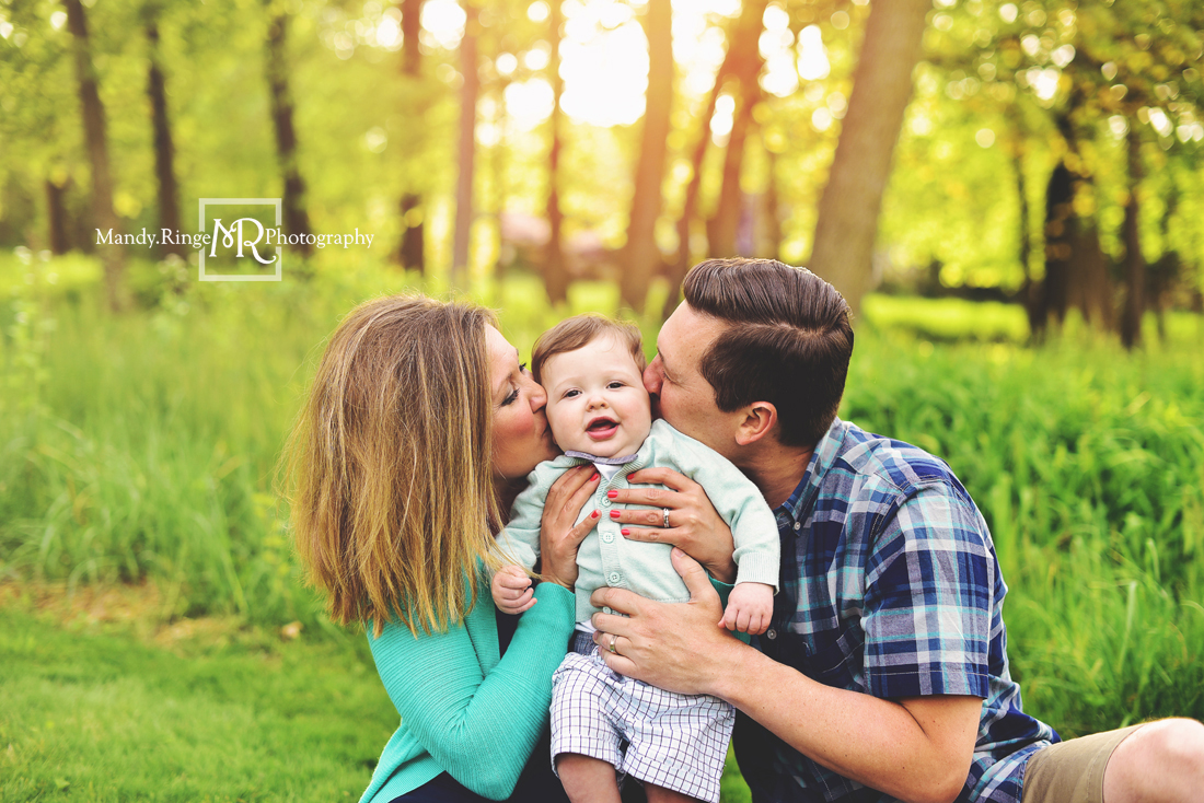 Spring family portraits // family of three, backlighting, teal and navy // Mount St. Mary Park - St. Charles, IL // by Mandy Ringe Photography